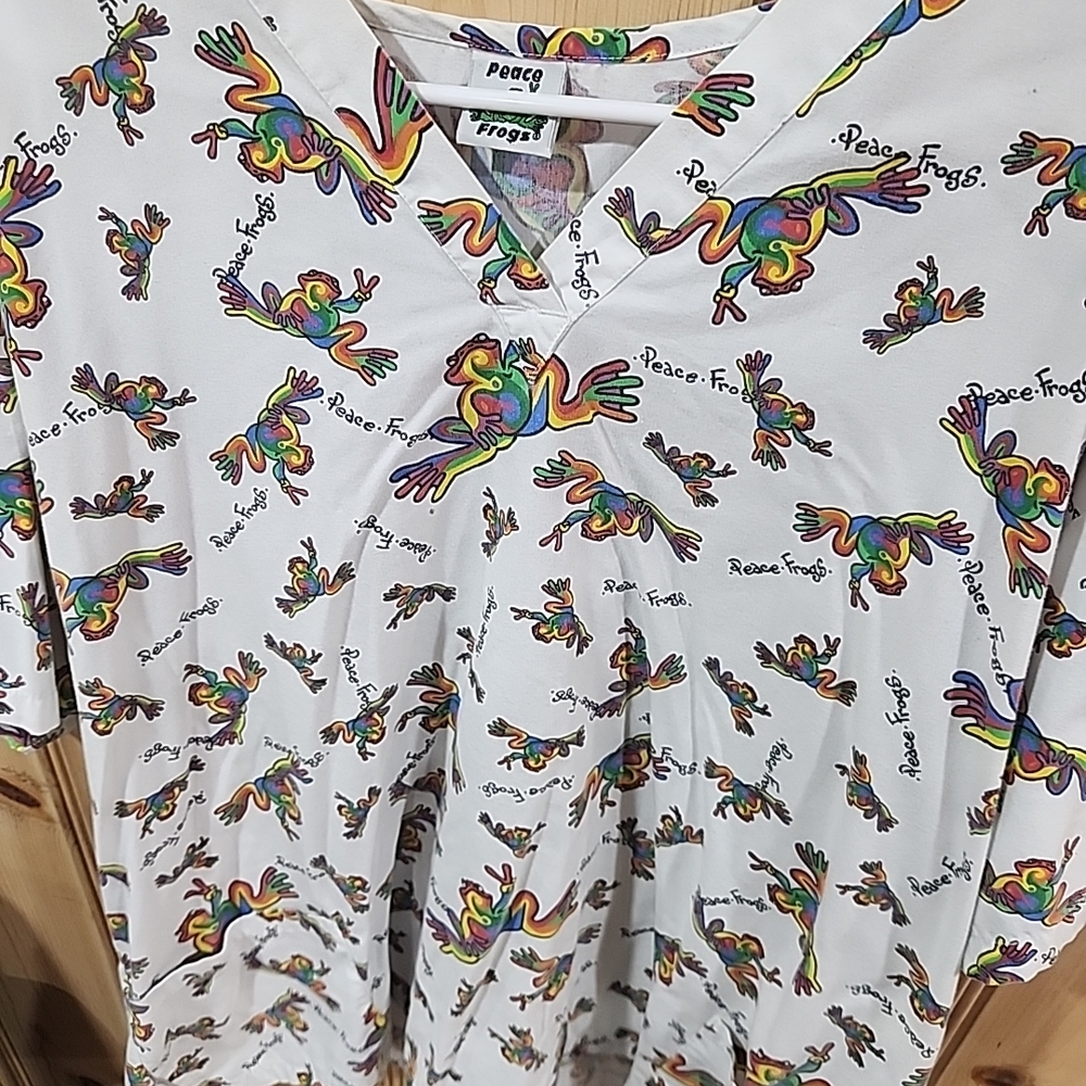 Peace Frogs Colorful Graphic Scrub Top